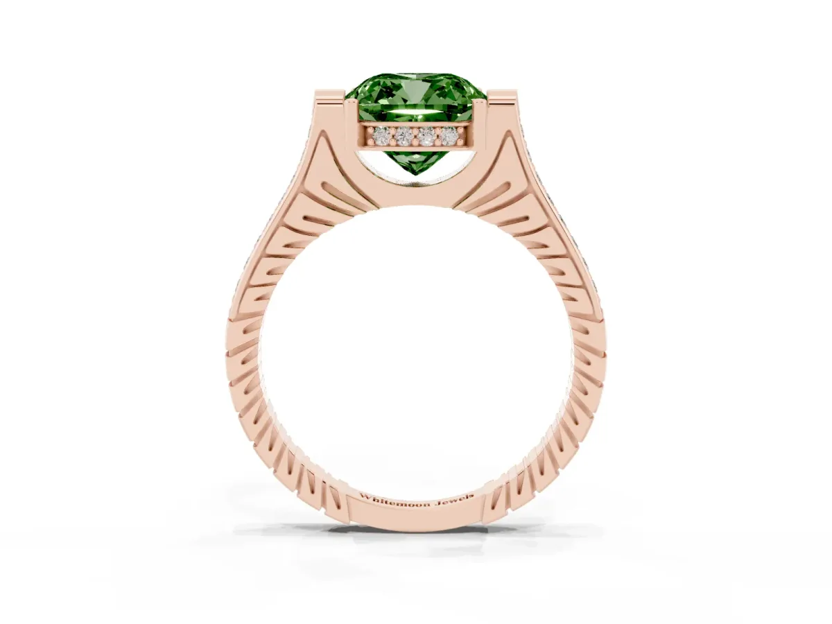Fancy Green Cushion Cut Solitaire Diamond Ring with Channel Set Band and Bezel Prong Setting Rose gold