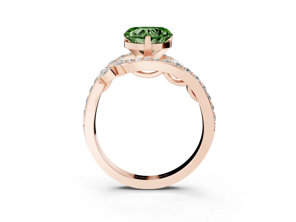 Fancy Green Heart Cut Solitaire with Pavé Twist Band and Four-Prong Setting Rose gold