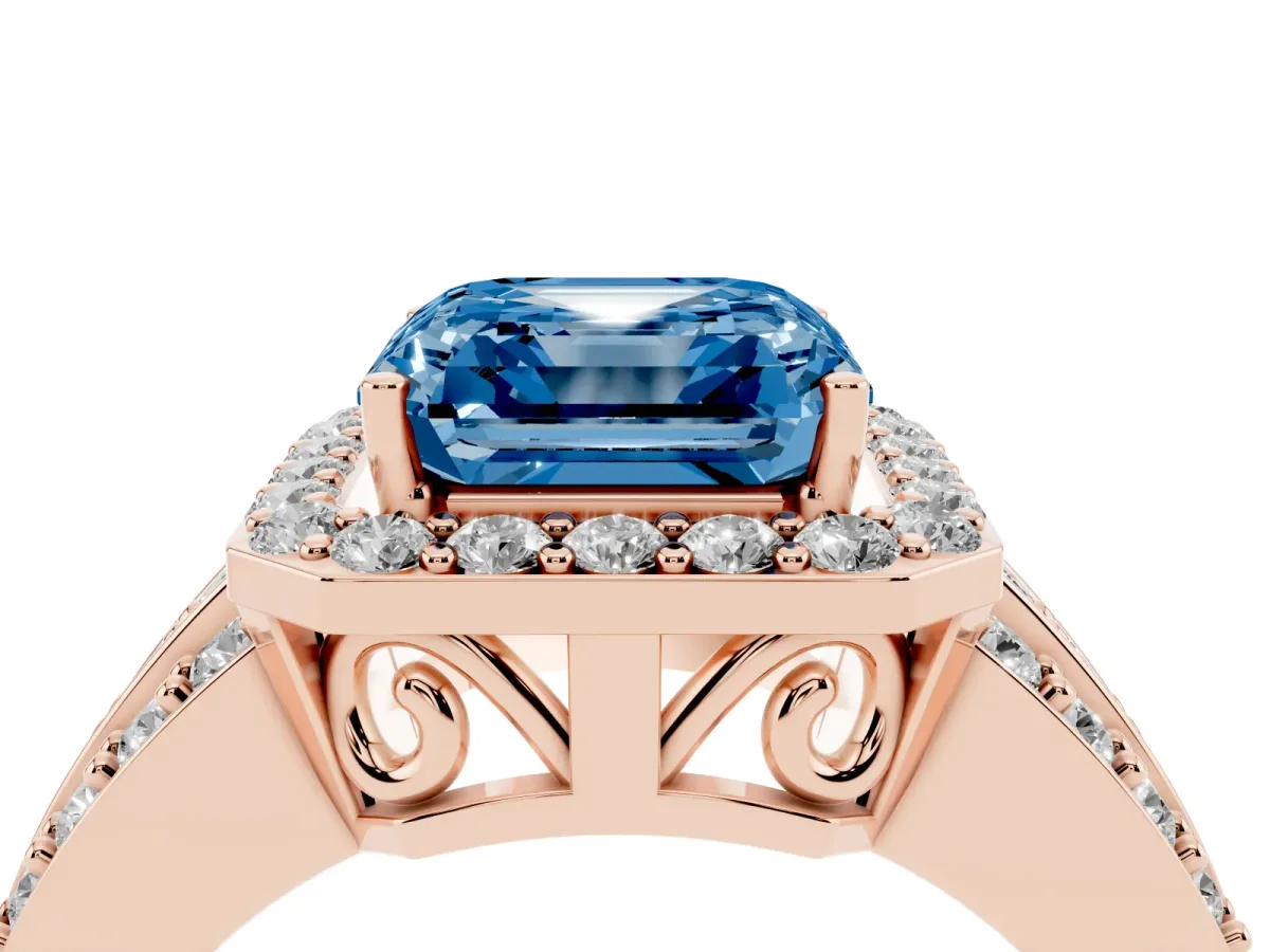 Fancy Blue Asscher Cut Halo Diamond Ring with Round Split Shank and Prong Setting Rose gold