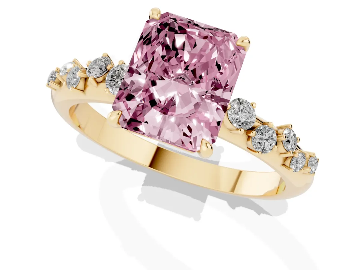 Fancy Pink Radiant Cut Diamond Cluster Prong-Set Solitaire Ring Yellow gold