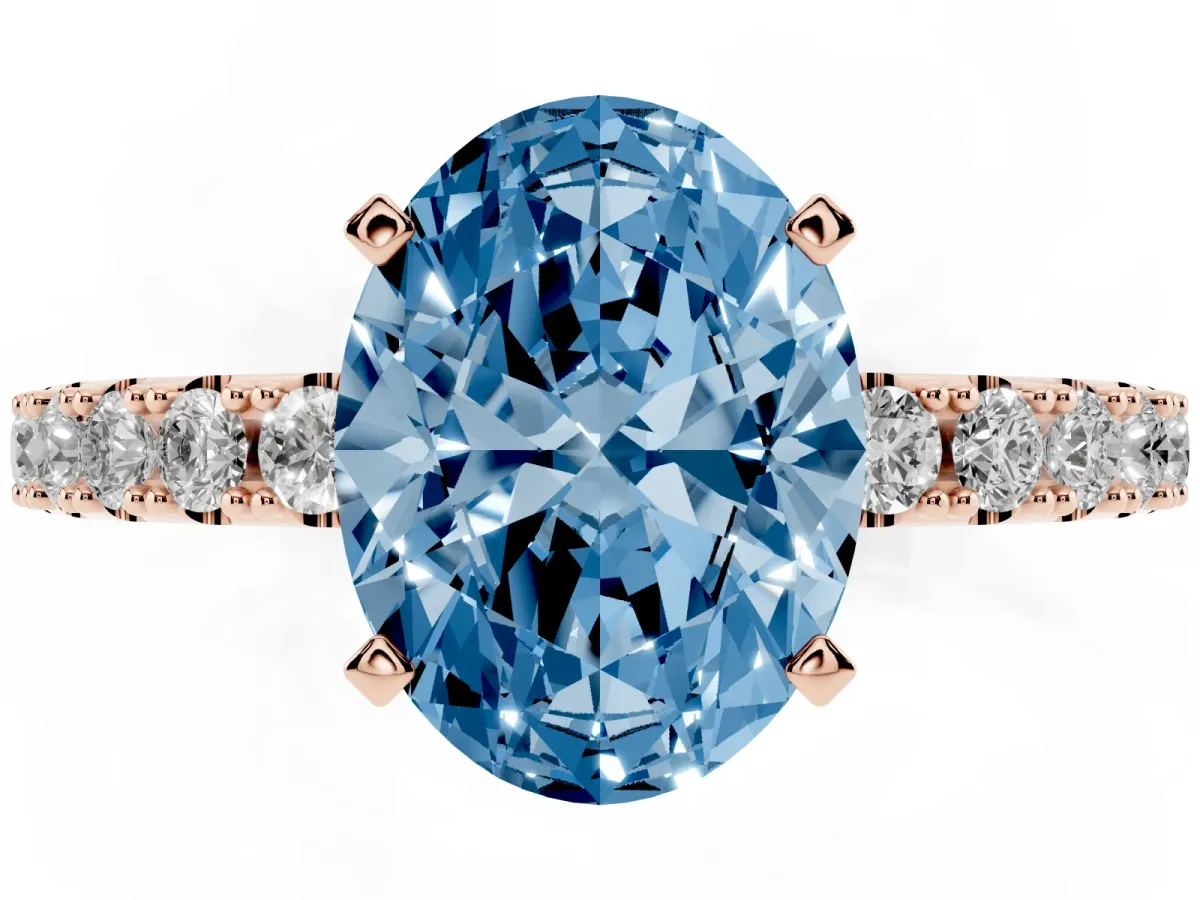 Fancy Blue Oval Cut Diamond Solitaire Pavé Band with Four-Prong Setting Rose gold
