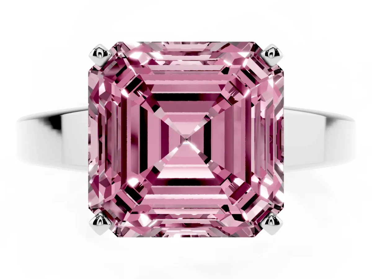 Fancy Pink Asscher Cut Solitaire Engagement Ring with Four-Prong Setting and Tapered Band White gold