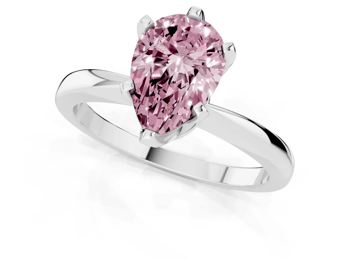Fancy Pink Pear Cut Solitaire Engagement Ring with Six-Prong Setting and Tapered Band Platinum