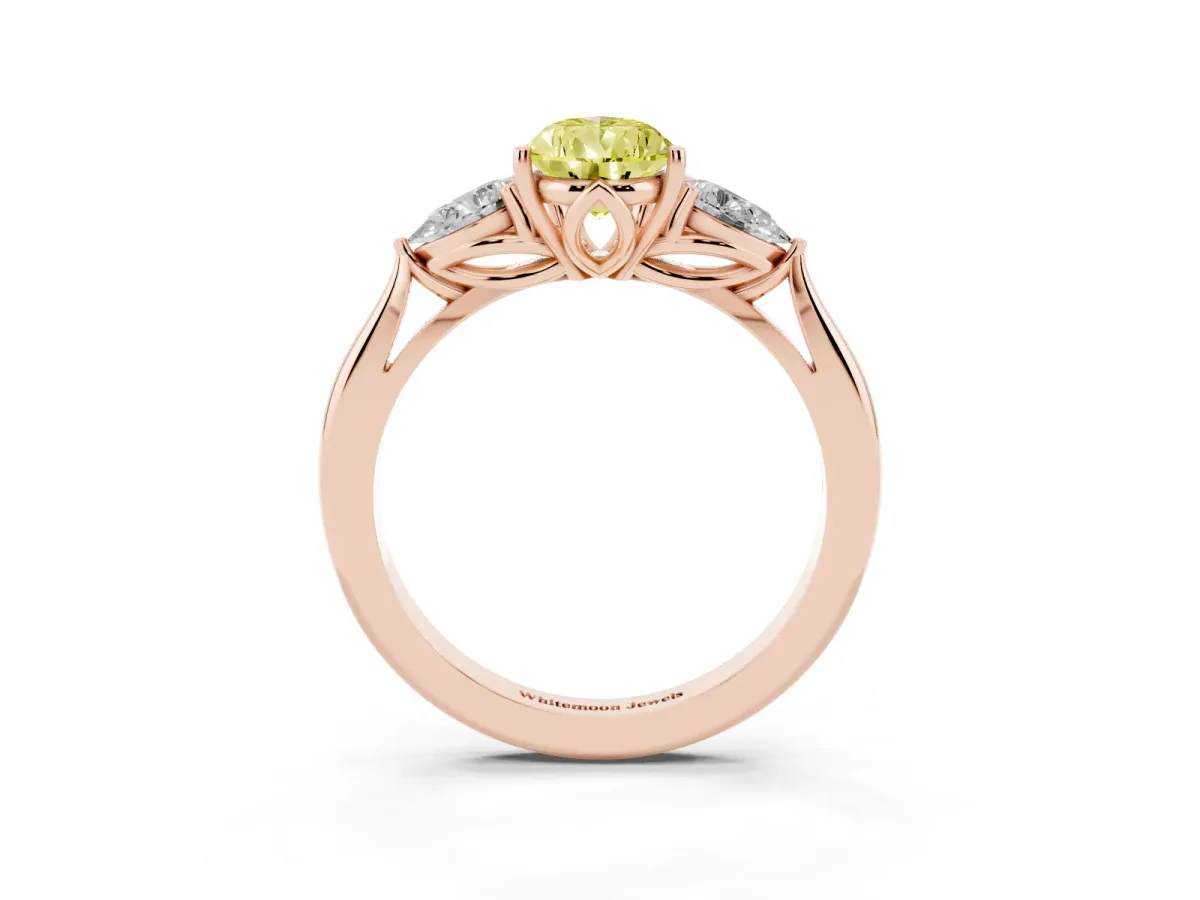 Fancy Yellow Three-Stone Pear Cut Diamond Ring with Pear Side Stones in Four-Prong Setting Rose gold