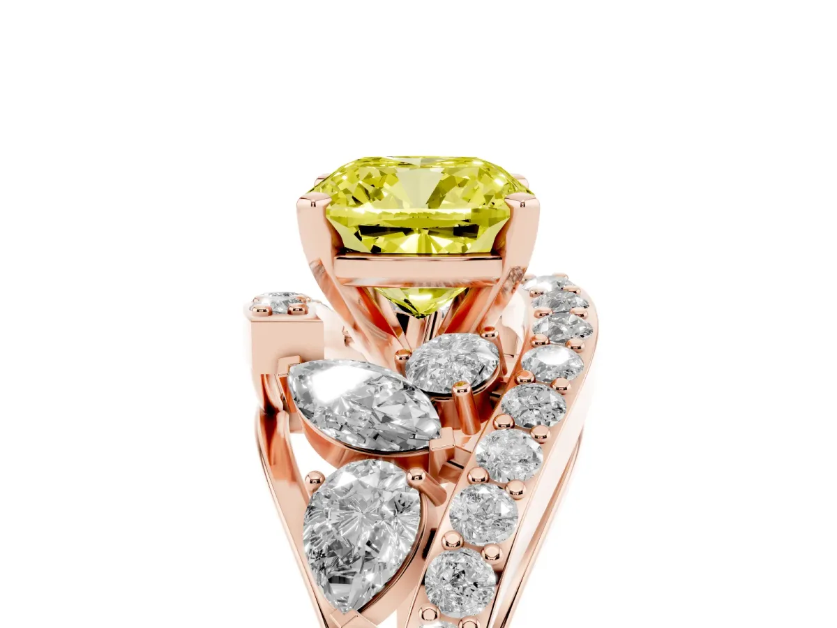 Fancy Yellow Cushion Cut Diamond Halo Ring with Marquise and Pavé Band in Prong Setting Rose gold