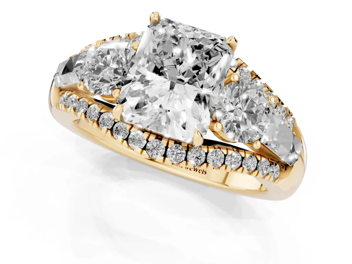 Three-Stone Radiant Cut Diamond Engagement Ring with Pave Band and Prong Setting Yellow gold