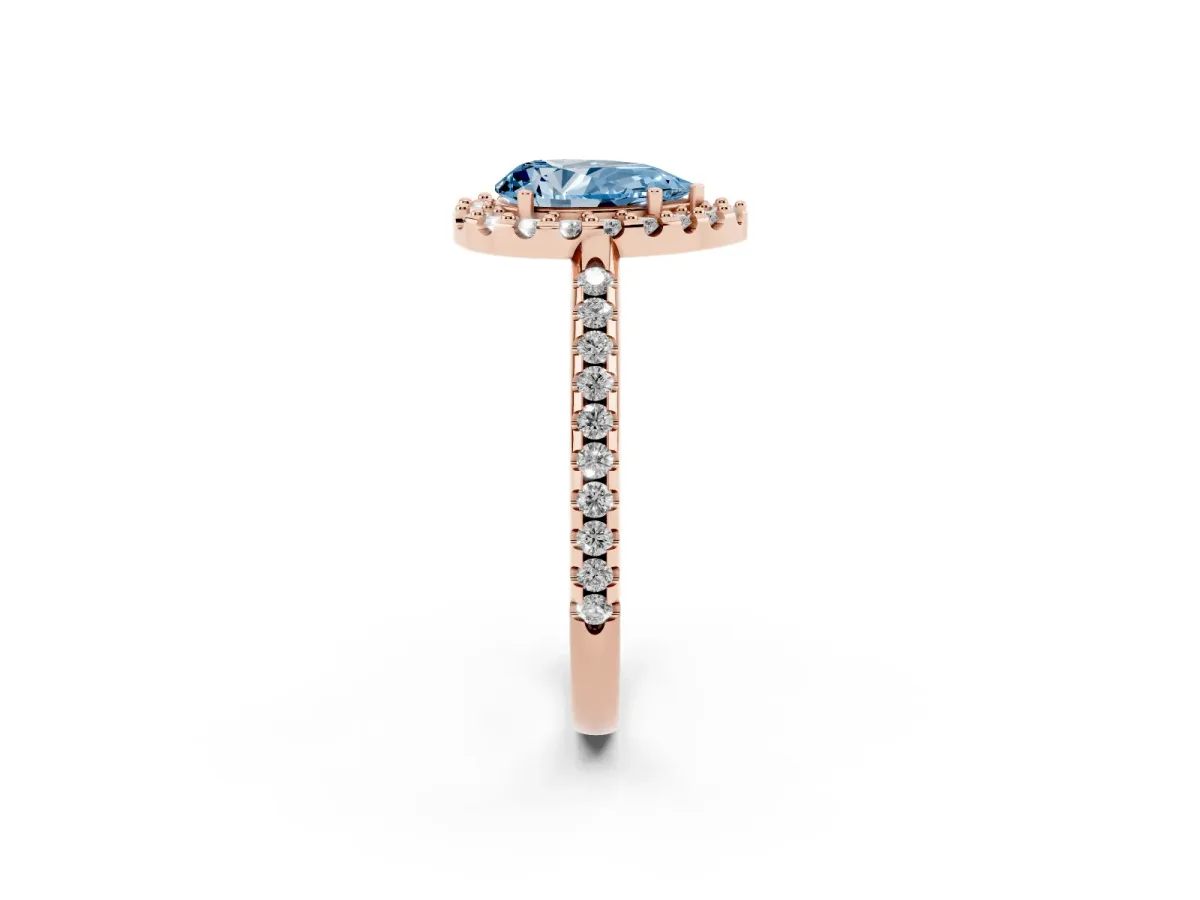 Fancy Blue Pear Cut Diamond Pavé Halo Ring with Four-Prong Setting Rose gold