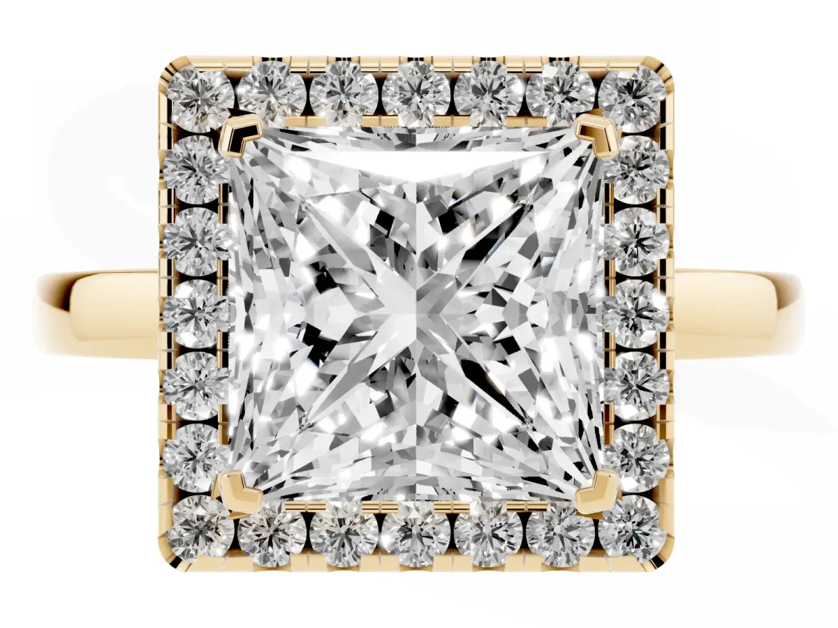 Princess Cut Halo Diamond Solitaire with Pavé Band and Four-Prong Setting Yellow gold