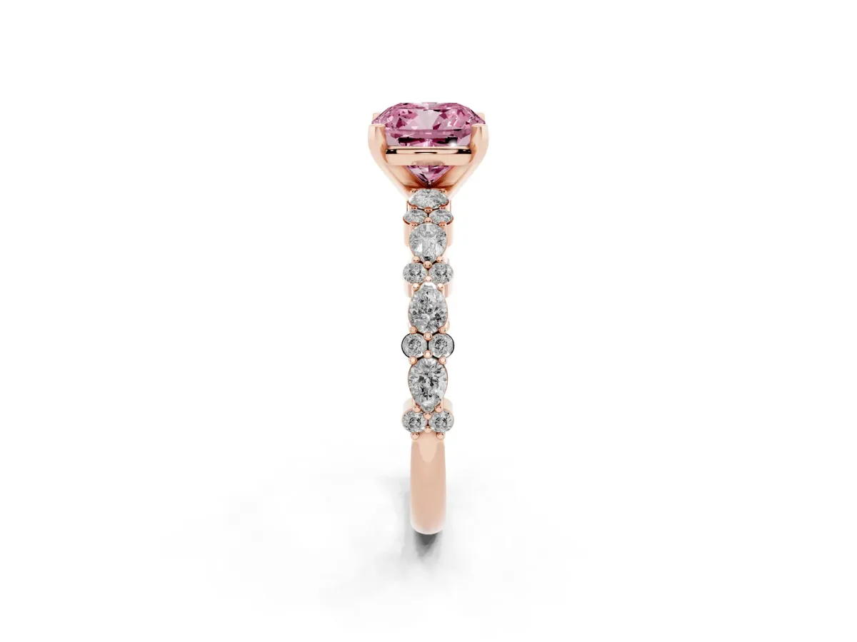 Fancy Pink Cushion Cut Diamond Side Stone Solitaire Ring with Round and Four-Prong Setting Rose gold