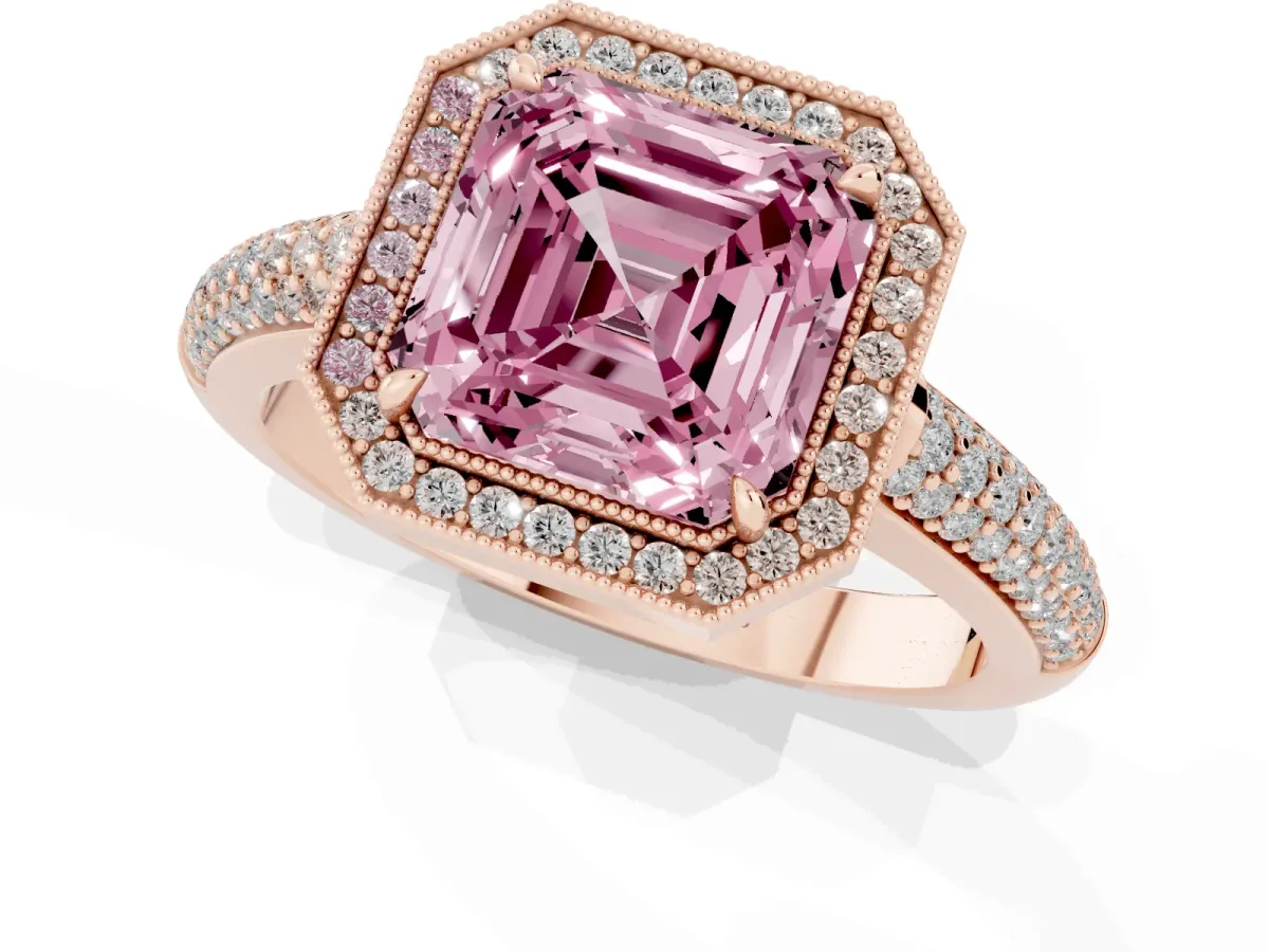 Fancy Pink Asscher Cut Cut Halo Diamond Pave Band with Four-Prong Setting Rose gold