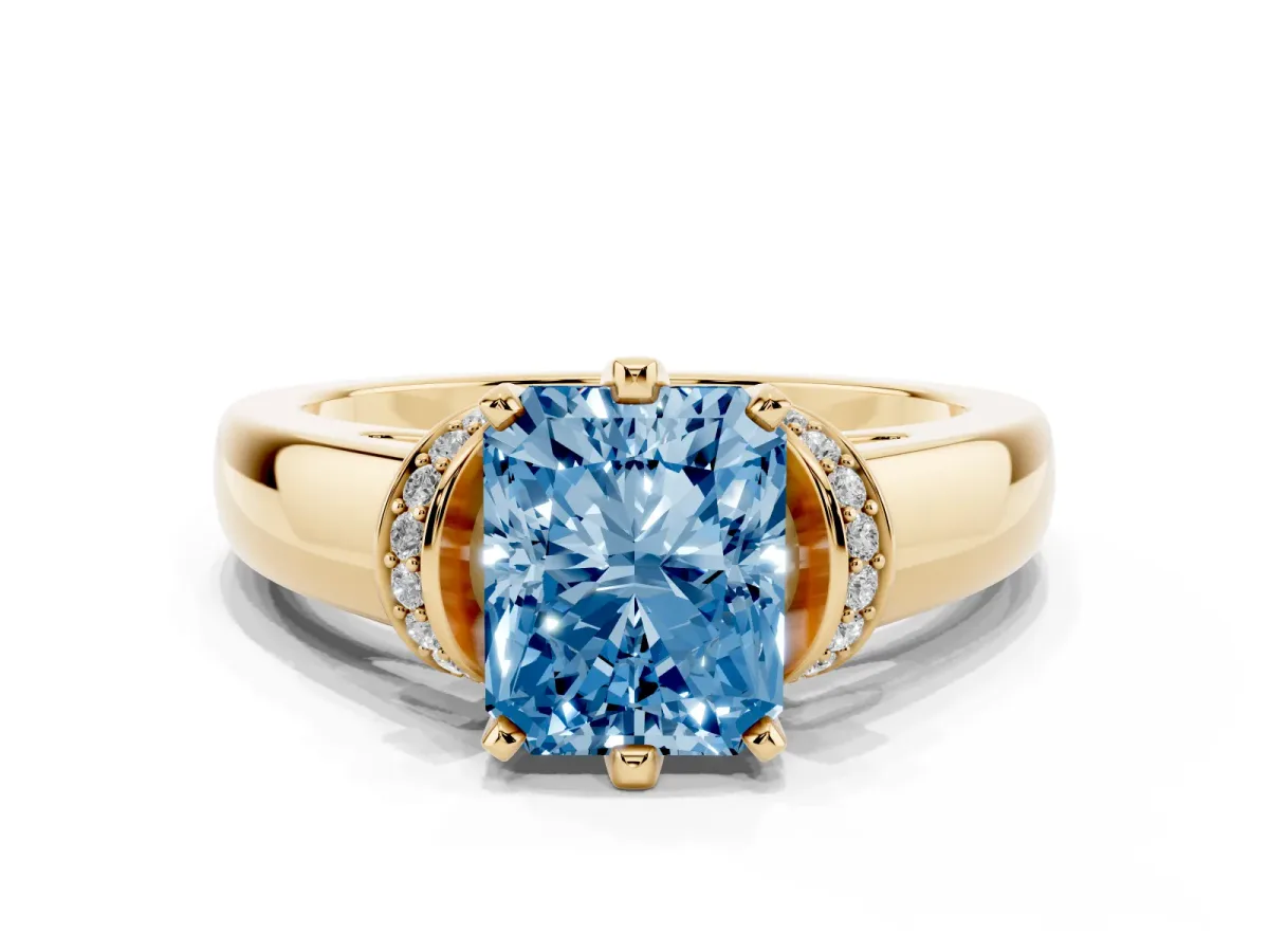 Fancy Blue Radiant Cut Solitaire Diamond Ring with Pave Band and Six-Prong Setting Yellow gold