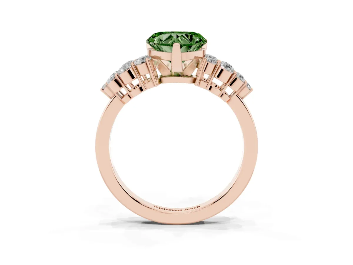Fancy Green Heart Cut Cluster Diamond Engagement Ring with Pavé Band and Four-Prong Setting Rose gold