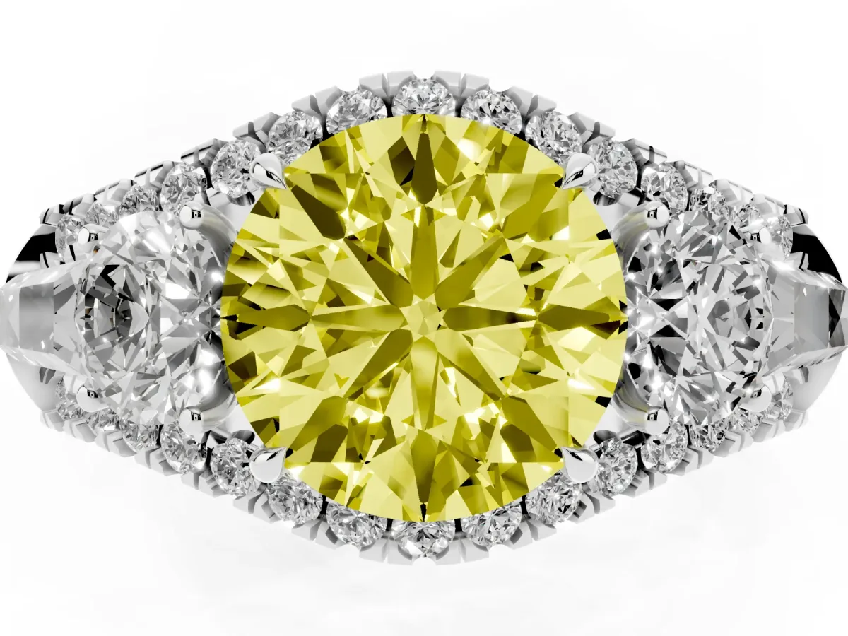 Fancy Yellow Three-Stone Round Cut Diamond Engagement Ring with Pave Band and Prong Setting Silver
