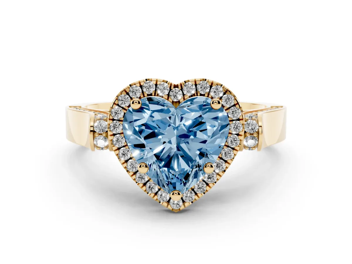 Fancy Blue Heart Cut Halo Round Diamond Twist Band with Four-Prong Setting Yellow gold