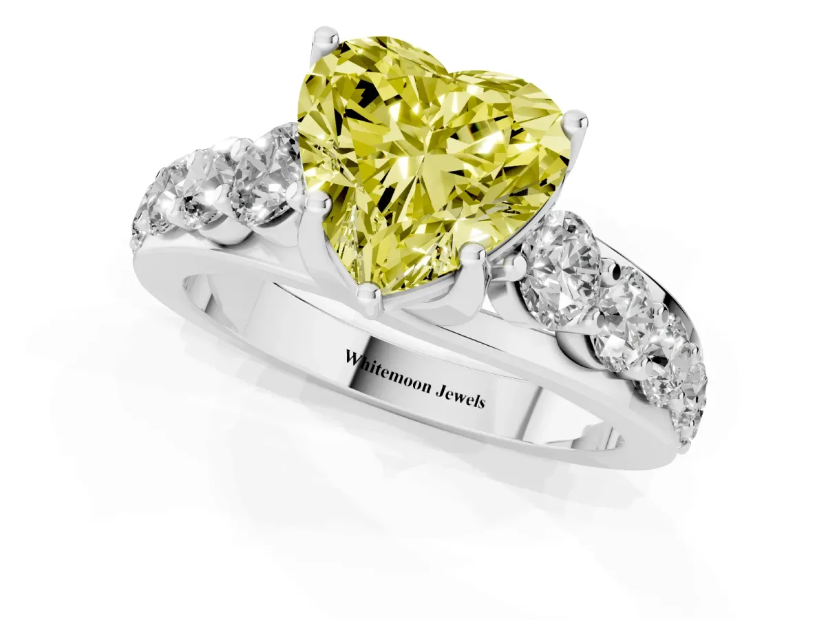 Fancy Yellow Heart Cut Diamond Engagement Ring with Pavé Band and Four-Prong Setting White gold