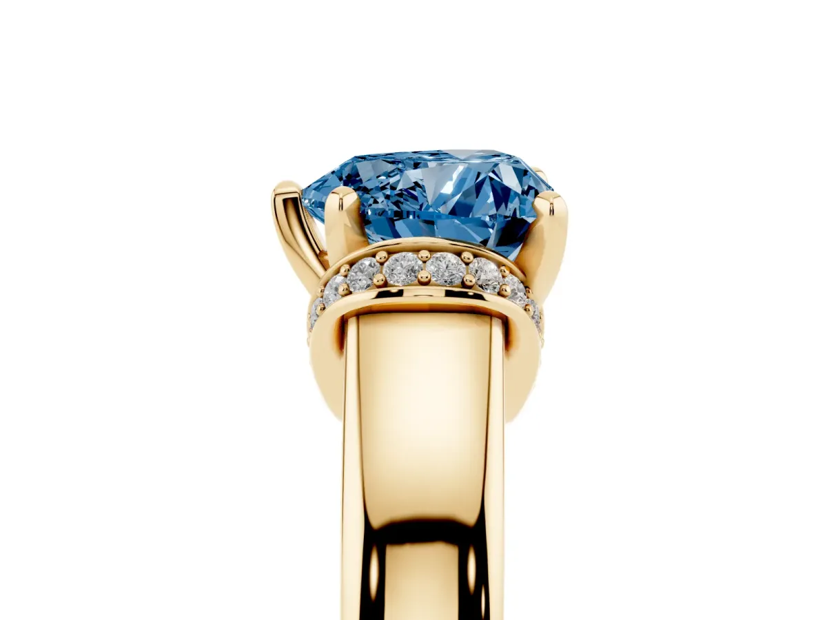 Fancy Blue Heart Cut Solitaire Diamond Ring with Pave Band and Six-Prong Setting Yellow gold
