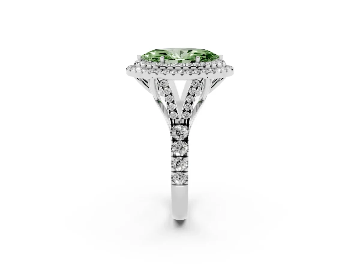 Fancy Green Marquise Cut Cut Double Halo Split Shank Diamond Ring with Prong Setting Silver