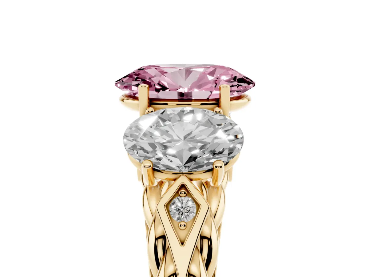 Fancy Pink Three-Stone Oval Cut Diamond Braided Band Ring with Four-Prong Setting Yellow gold
