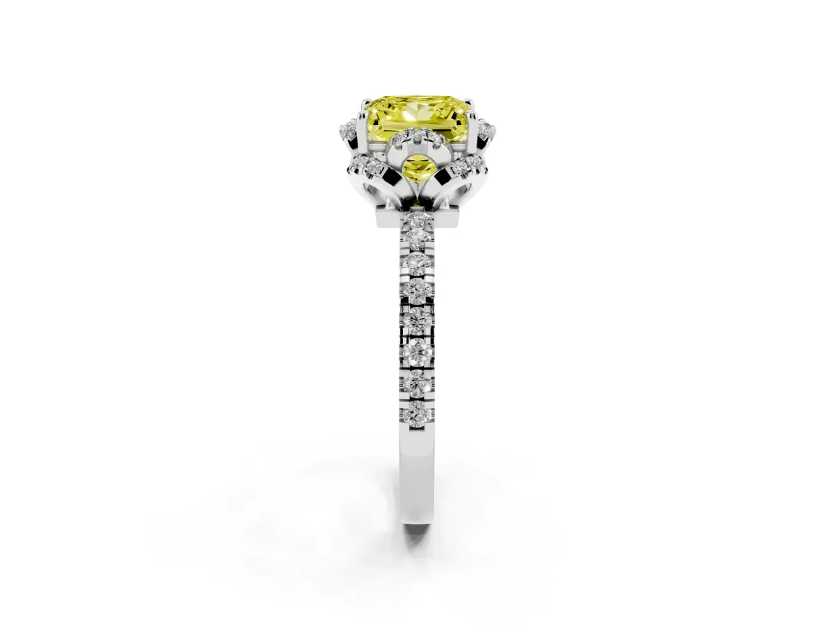 Fancy Yellow Princess Cut Halo Diamond Pave Band Ring with Four-Prong Setting Platinum