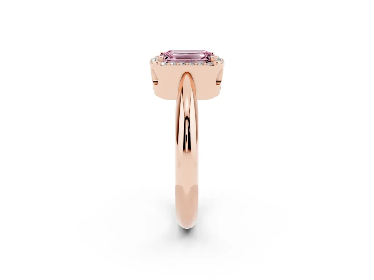 Fancy Pink Emerald Cut Cut Diamond Halo Engagement Ring with Split Shank and Four-Prong Setting Rose gold