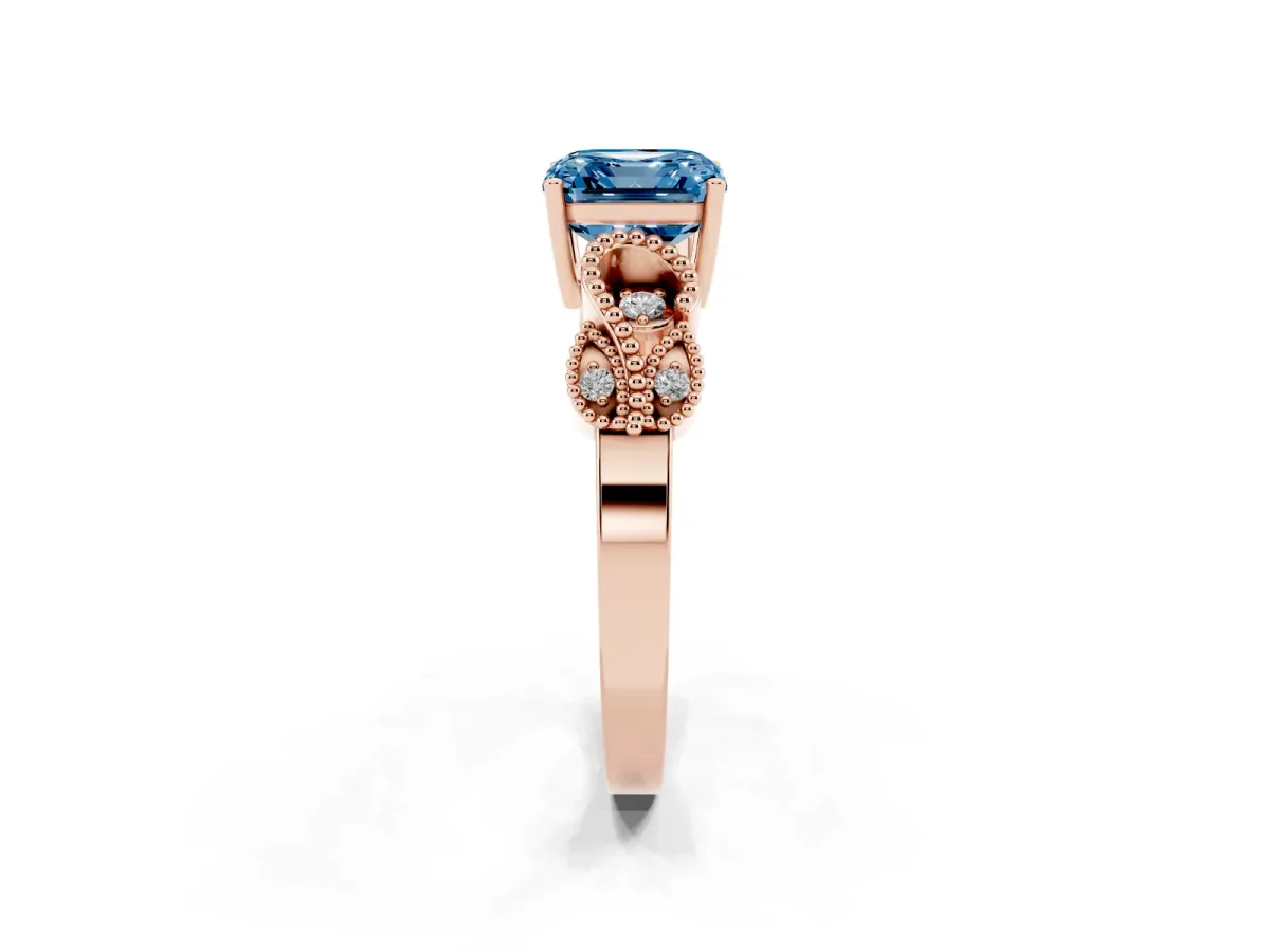 Fancy Blue Asscher Cut Solitaire Milgrain Leaf Band with Prong Setting Rose gold
