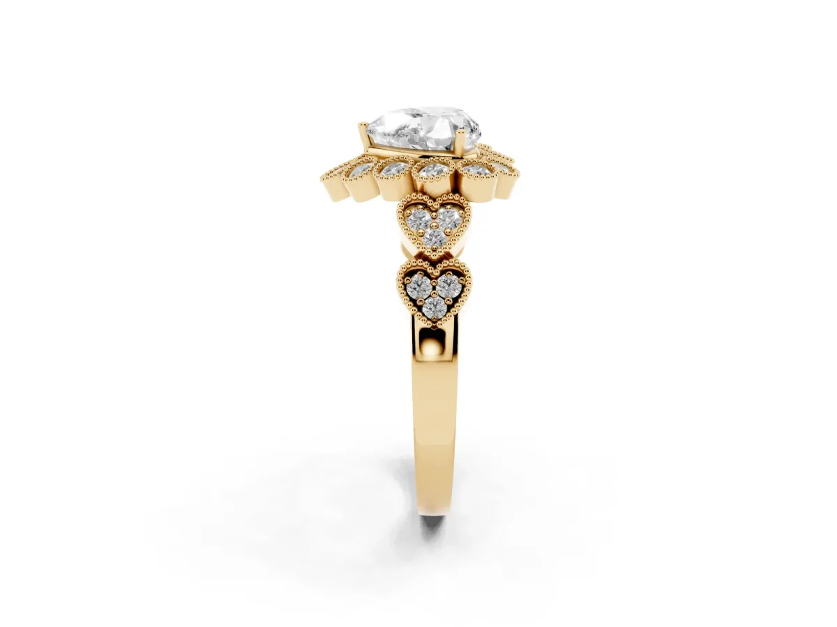 Heart Cut Brilliant Milgrain Pave Heart Band Solitaire Ring Yellow gold