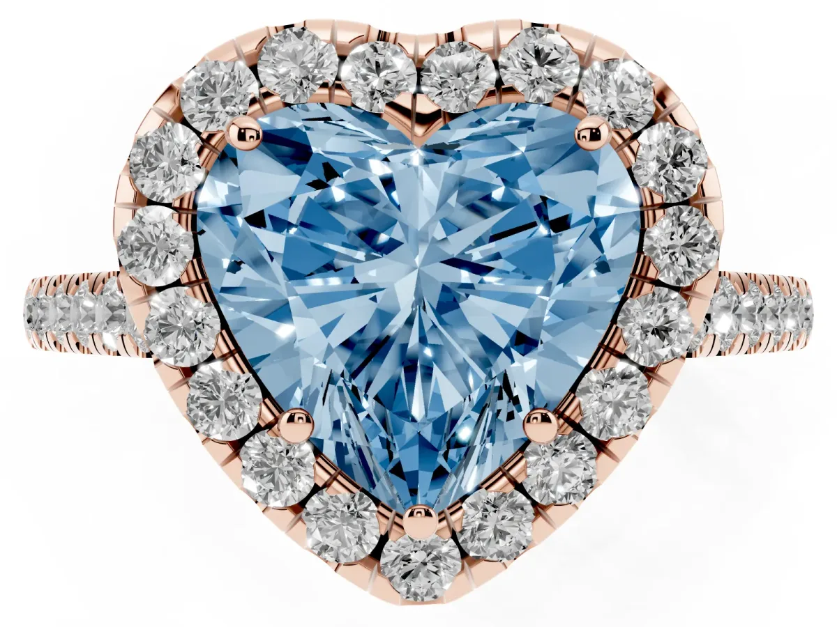 Fancy Blue Heart Cut Halo Pave Diamond Engagement Ring with Four-Prong Setting Rose gold