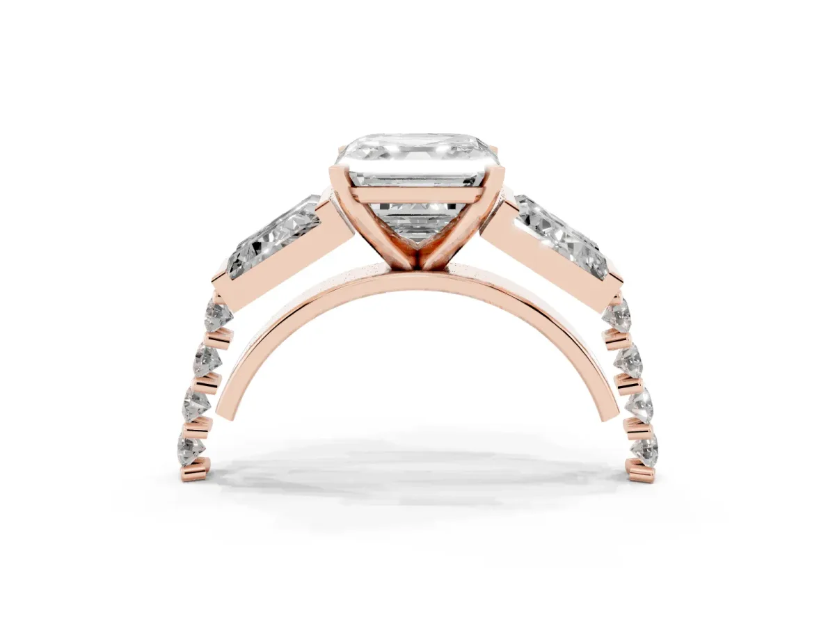Asscher Cut Diamond Engagement Ring with Baguette Side Stones and Channel Set Band Rose gold