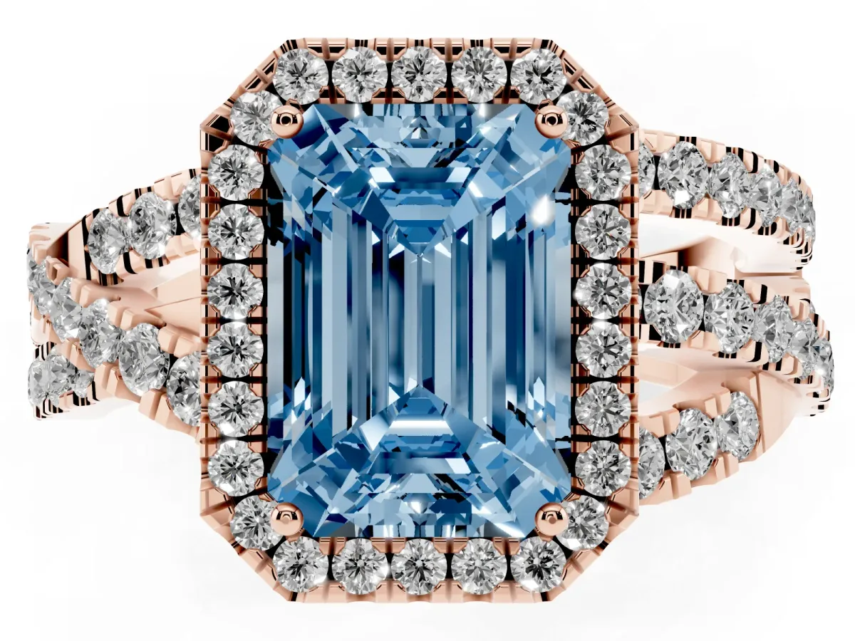 Fancy Blue Emerald Cut Diamond Halo Ring with Round Split Shank and Prong Setting Rose gold
