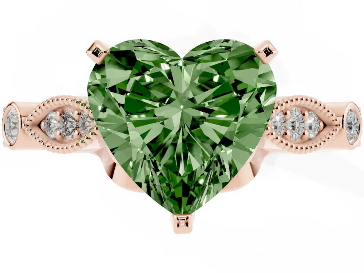 Fancy Green Heart Cut Cut Diamond with Milgrain Marquise and Bezel Accents on a Solitaire Band with Prong Setting Rose gold