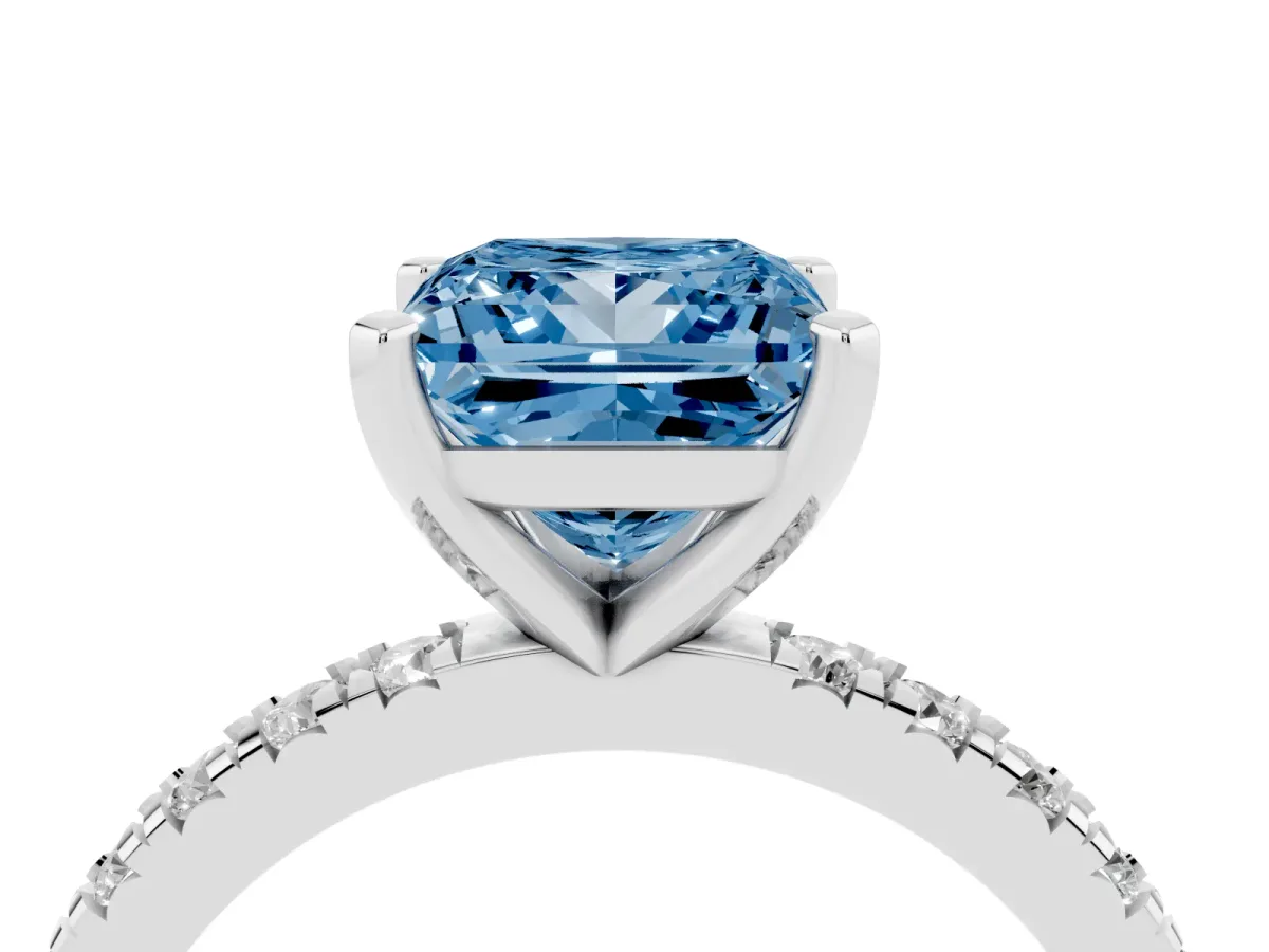 Fancy Blue Princess Cut Diamond Pavé Band Solitaire with Four-Prong Setting Platinum