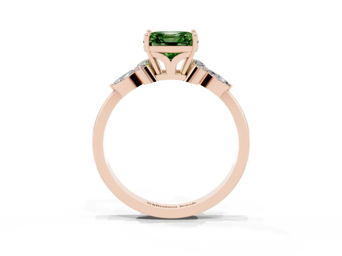 Fancy Green Asscher Cut Brilliant Diamond Solitaire Ring with Pear Side Stones and Four-Prong Setting Rose gold