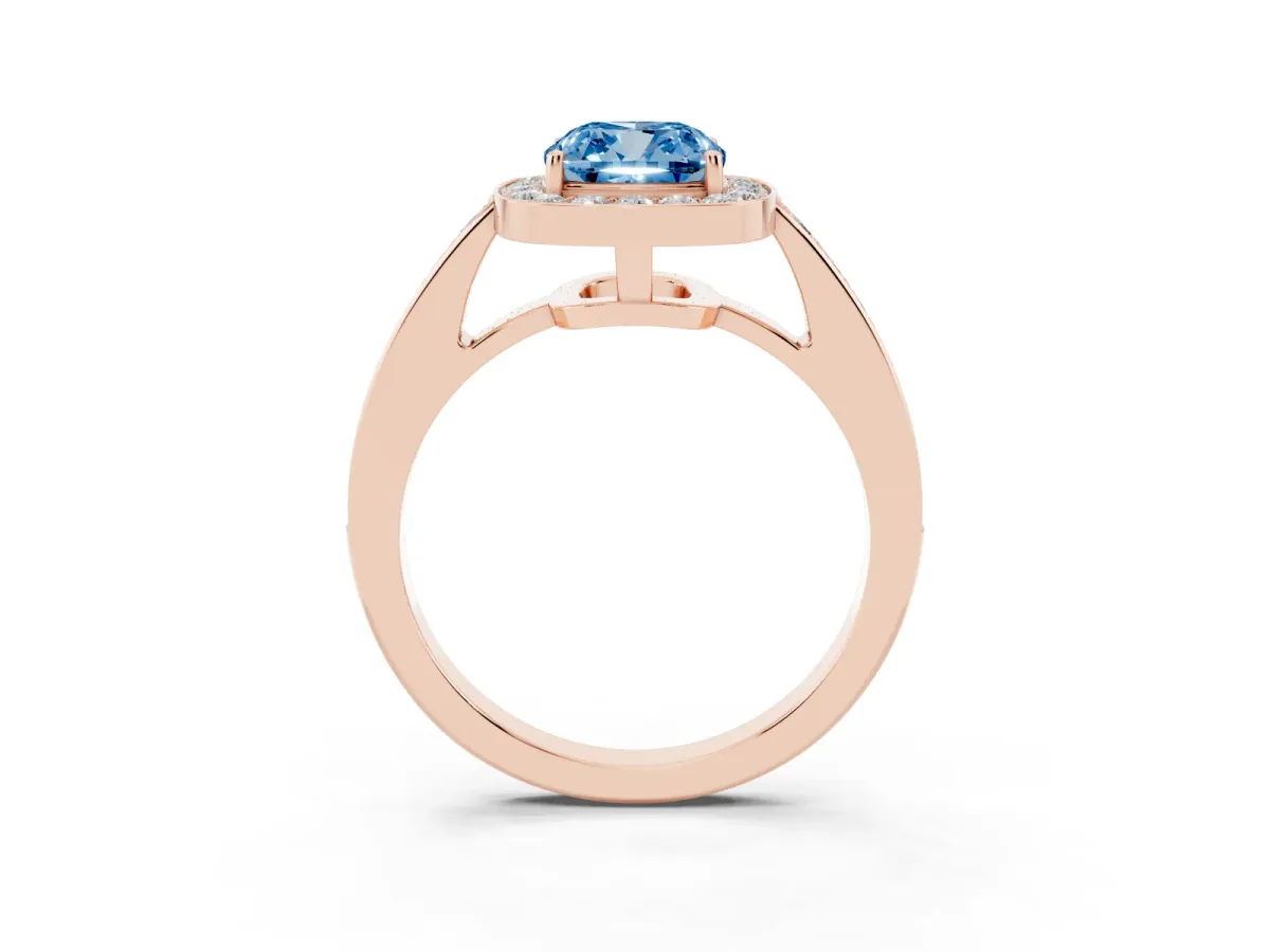 Fancy Blue Cushion Cut Halo Pavé Diamond Engagement Ring with Bezel Setting Rose gold