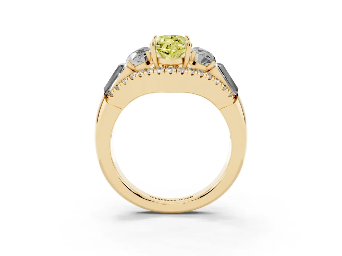 Fancy Yellow Three-Stone Marquise Cut Diamond Engagement Ring with Pave Band and Prong Setting Yellow gold