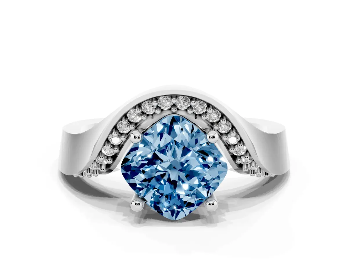 Fancy Blue Cushion Cut Solitaire Diamond Engagement Ring with Pave Band and Four-Prong Setting Platinum