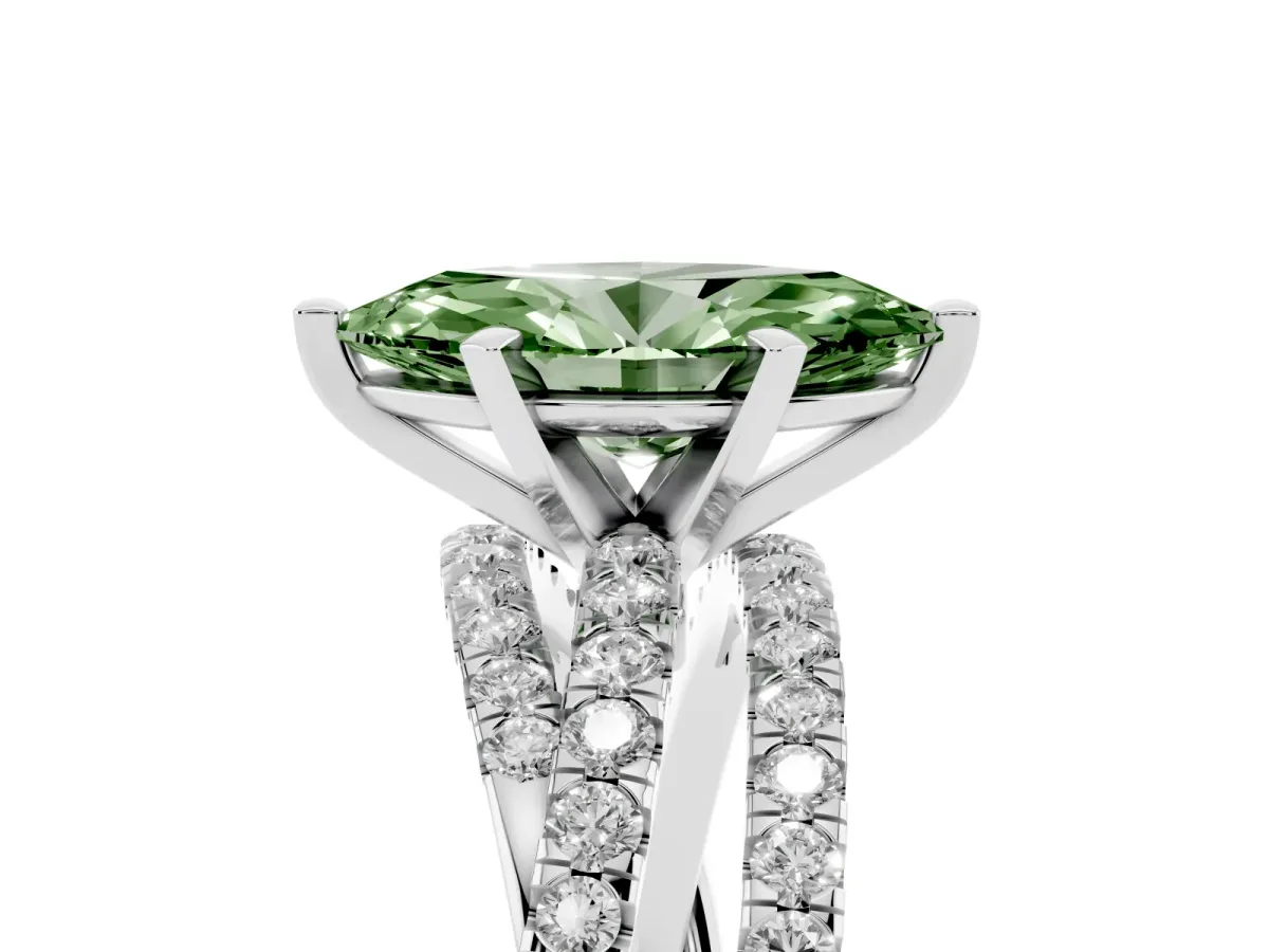 Fancy Green Marquise Cut Solitaire Twist Band with Pavé Setting and Four-Prong Setting Platinum
