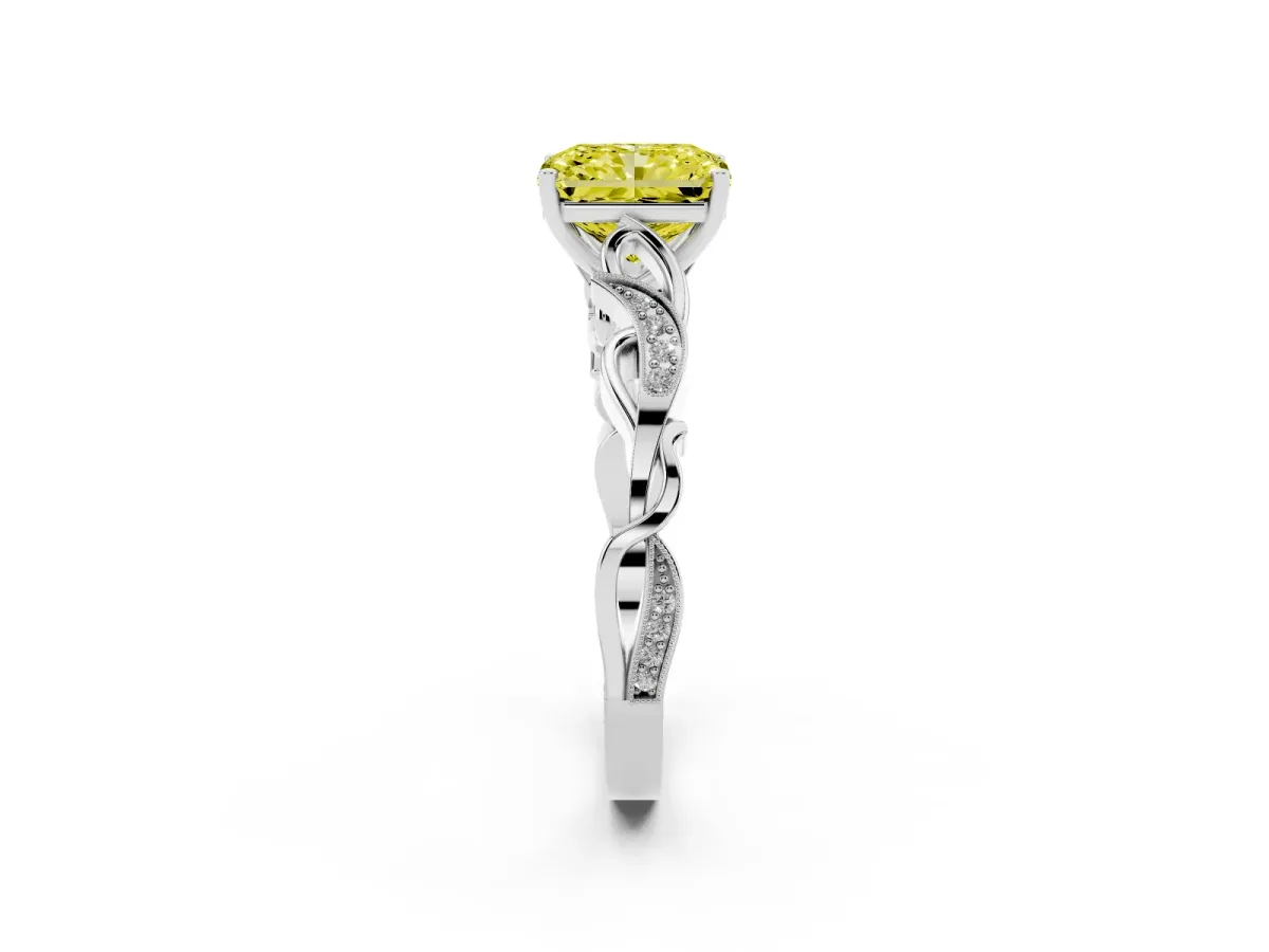 Fancy Yellow Radiant Cut Solitaire Vine Band with Milgrain Prong Setting Silver