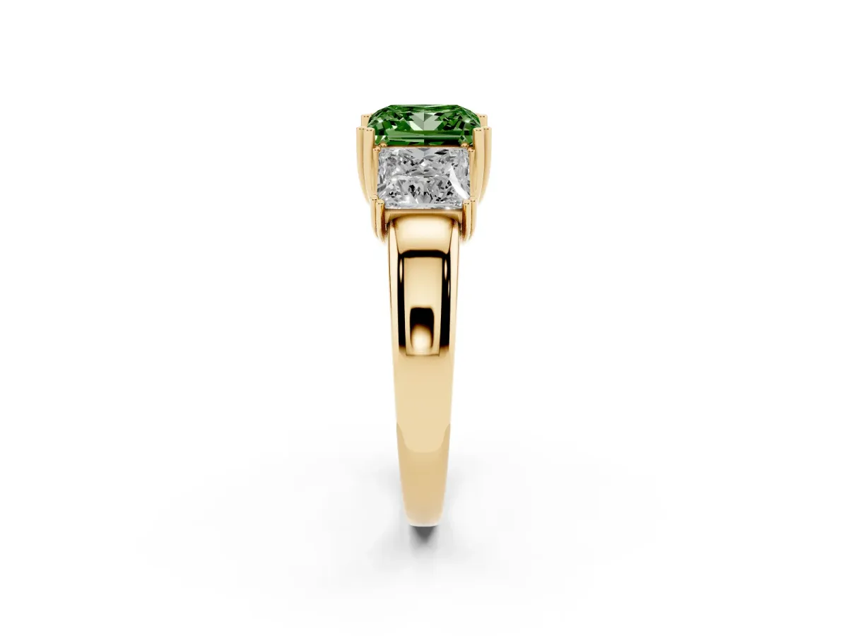 Fancy Green Three-Stone Princess Cut Cut Diamond Ring with Channel Set Band and Four-Prong Setting Yellow gold
