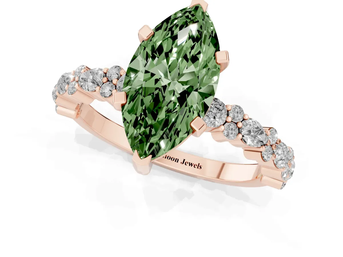 Fancy Green Marquise Cut Diamond Side Stone Solitaire Ring with Round and Four-Prong Setting Rose gold