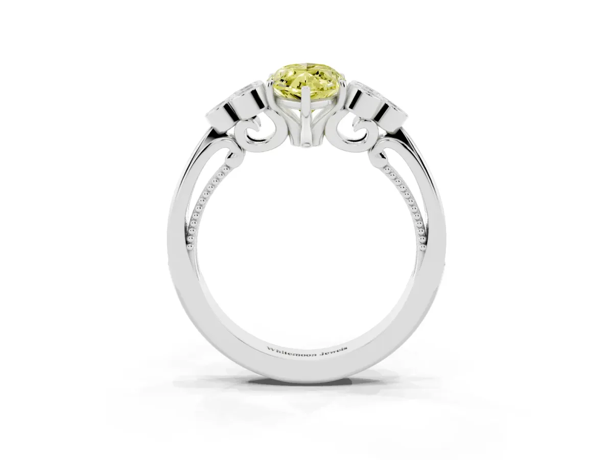Fancy Yellow Marquise Cut Cut Diamond Engagement Ring with Bezel Set Round Side Stones and Prong Setting Silver