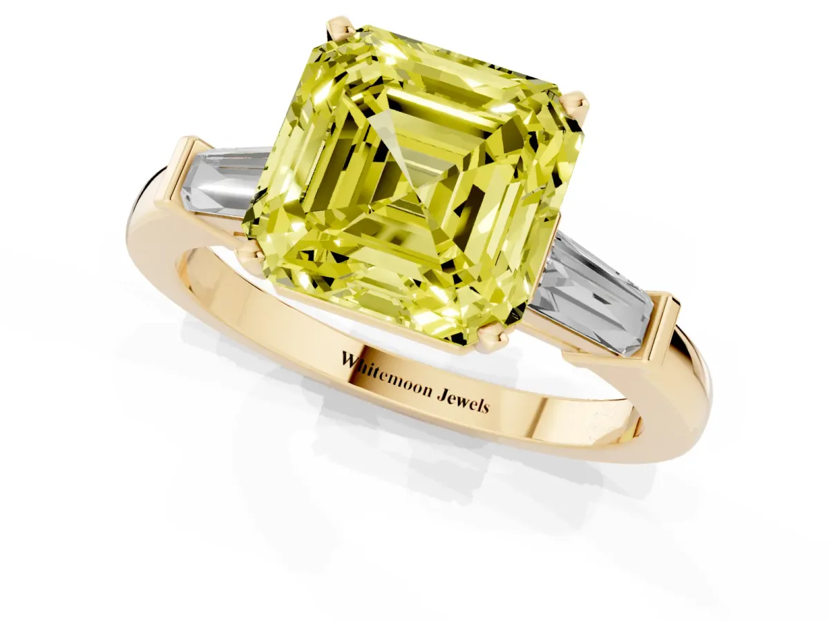 Fancy Yellow Asscher Cut Cut Diamond Solitaire Ring with Tapered Baguette Accents and Four-Prong Setting Yellow gold