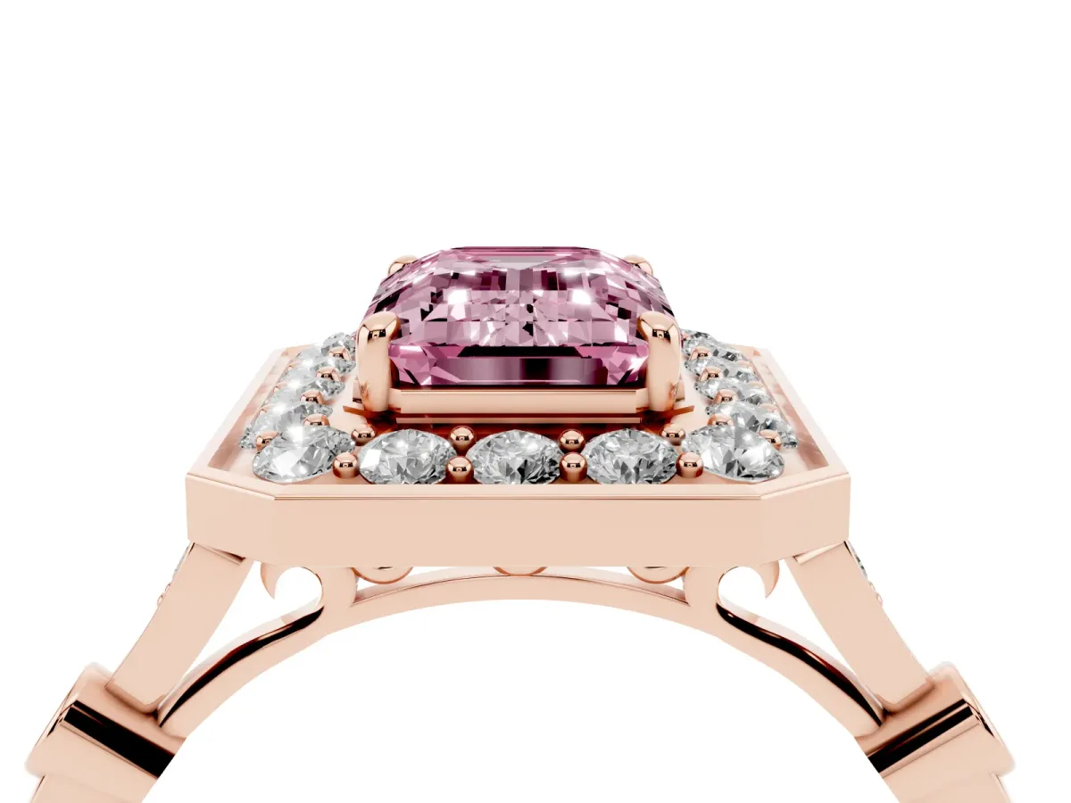 Fancy Pink Emerald Cut Halo Diamond Engagement Ring with Twisted Band and Four-Prong Setting Rose gold
