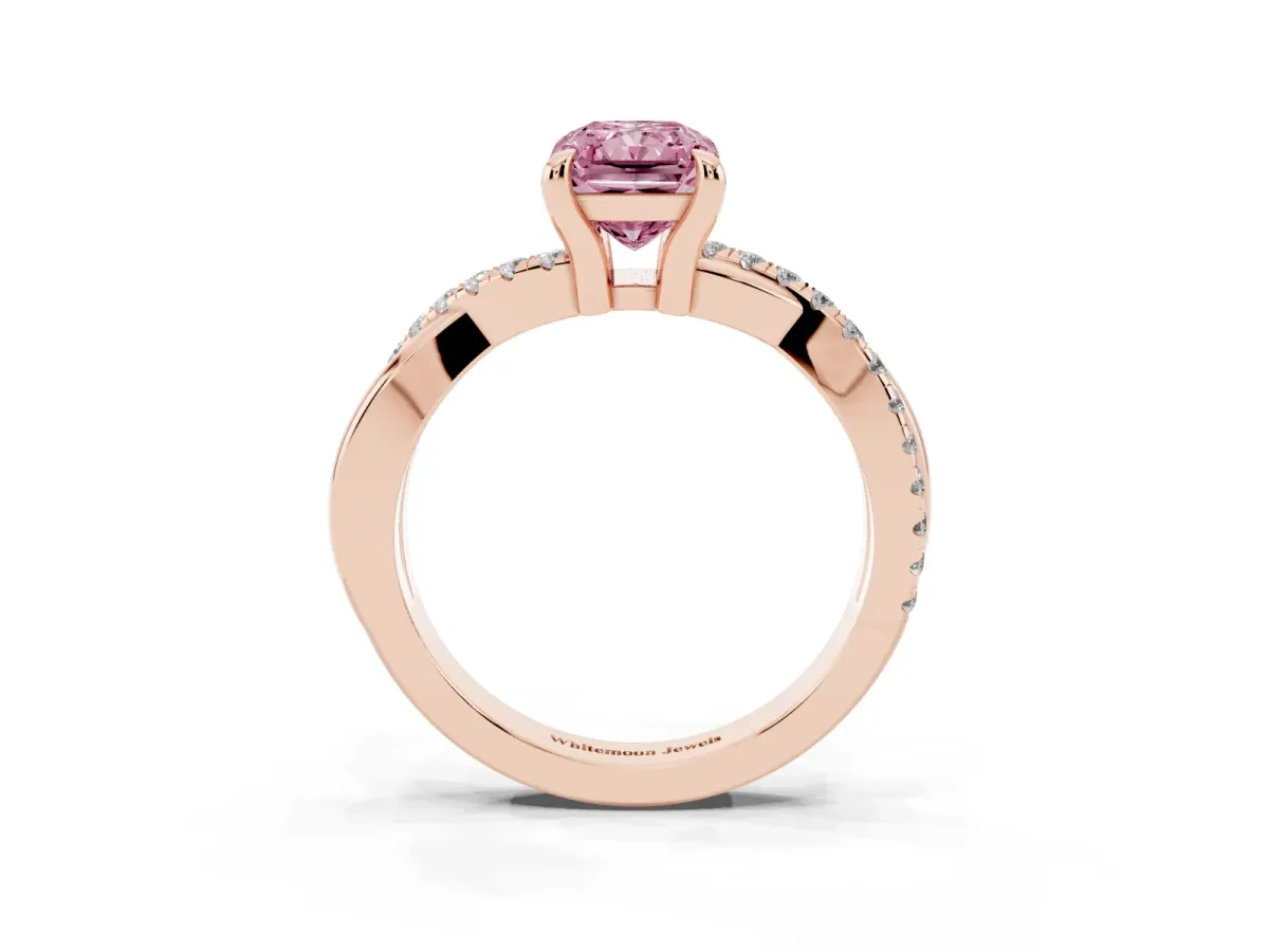 Fancy Pink Radiant Cut Cut Diamond Twist Band Solitaire with Prong Setting Rose gold