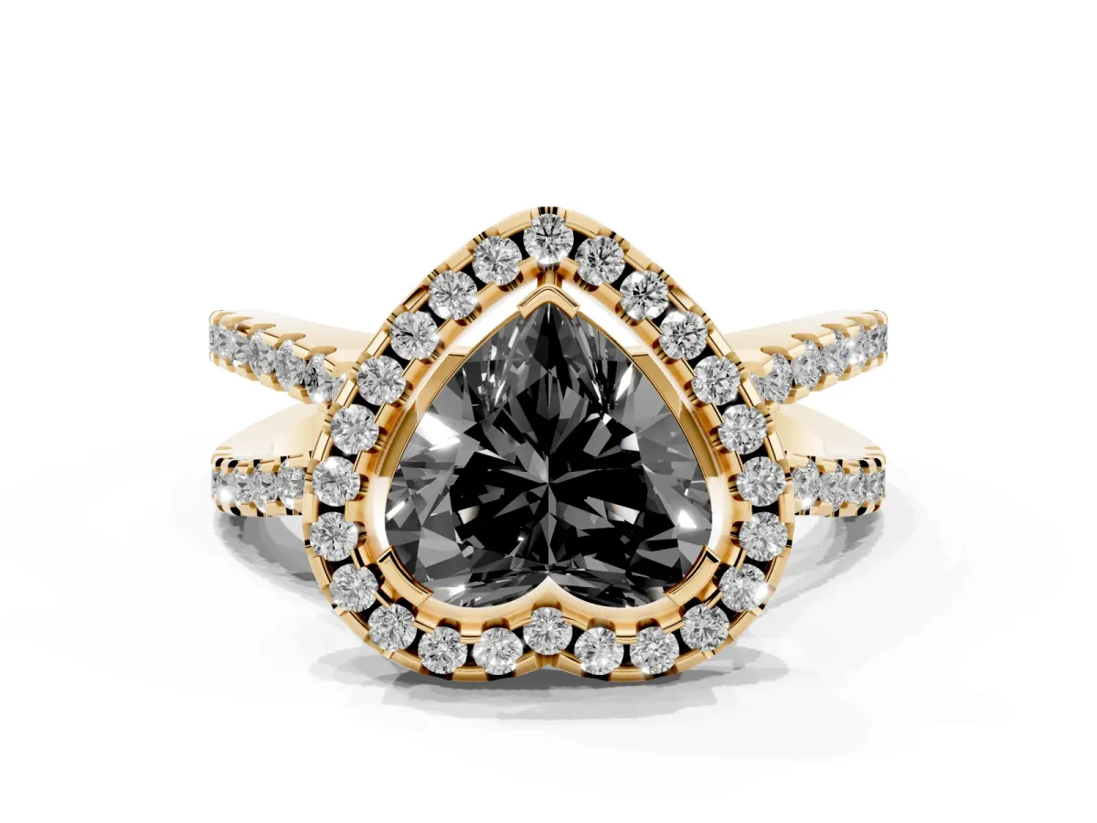 Fancy Black Heart Cut Diamond Halo Ring with Split Shank Pavé Band and Prong Setting Yellow gold