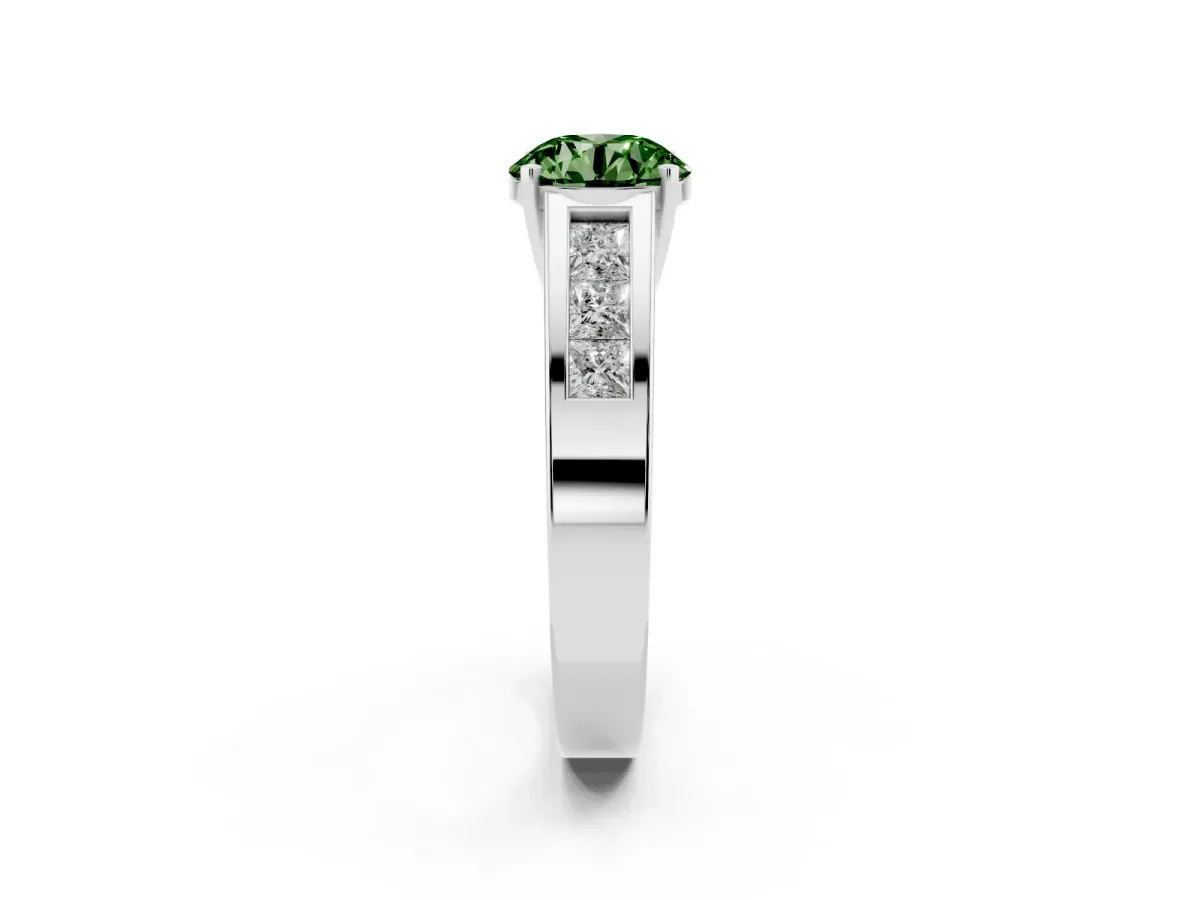 Fancy Green Round Cut Cut Channel Set Solitaire Ring with Four-Prong Setting Silver