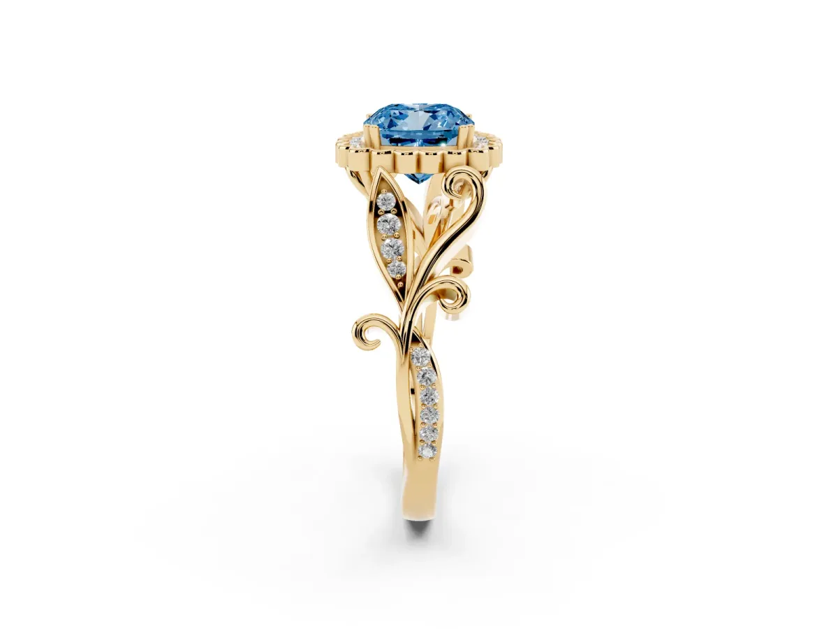 Fancy Blue Cushion Cut Diamond Halo Ring with Vintage Split Shank and Four-Prong Setting Yellow gold