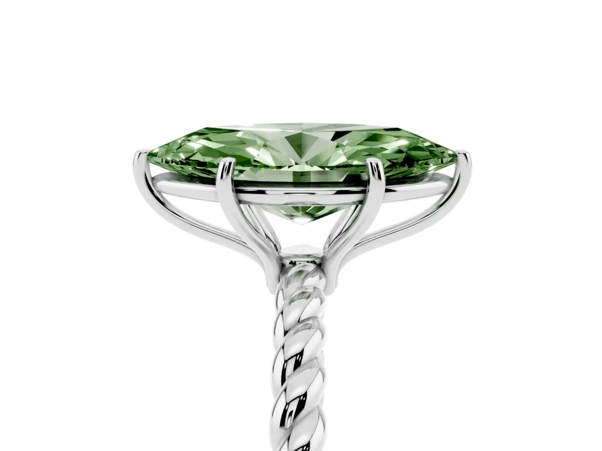 Fancy Green Marquise Cut Solitaire Twist Band Ring with Four-Prong Setting Silver