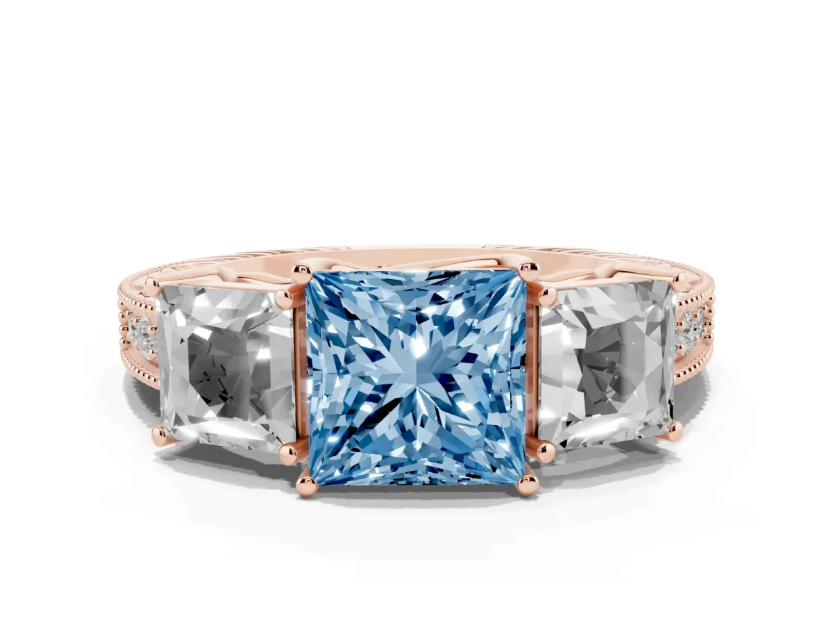 Fancy Blue Three-Stone Princess Cut Cut Milgrain Pavé Engagement Ring Rose gold