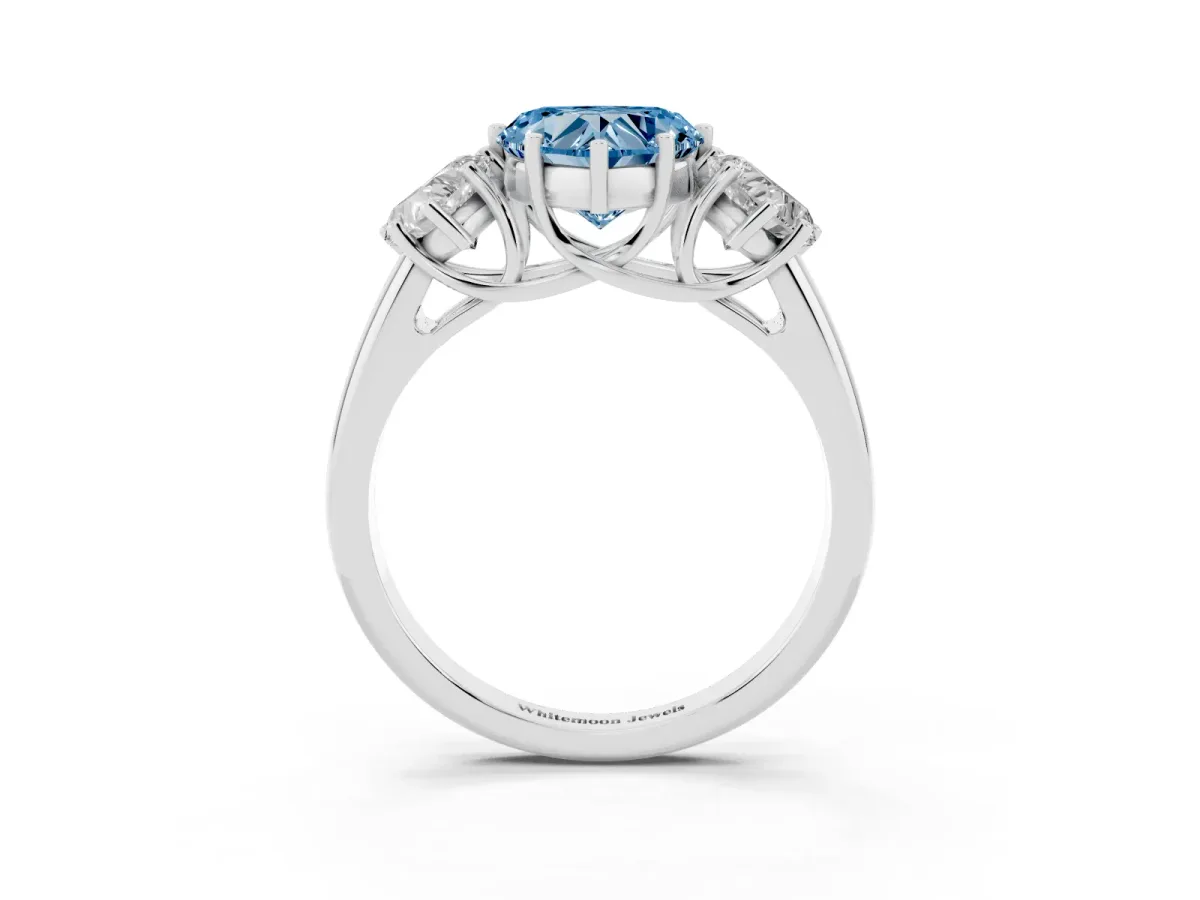 Fancy Blue Three-Stone Heart Cut Diamond Engagement Ring with Prong Setting White gold