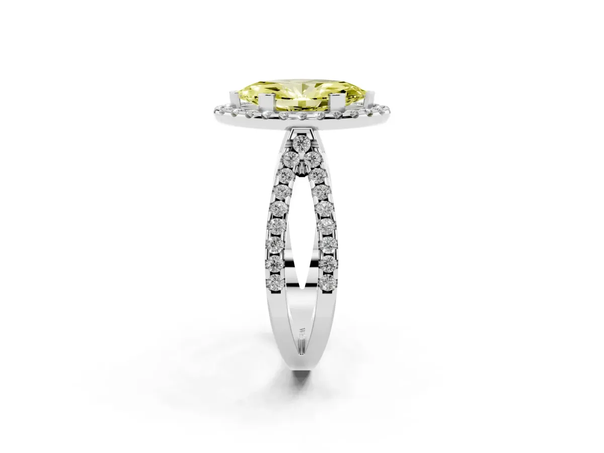 Fancy Yellow Marquise Cut Diamond Halo Ring with Split Shank Pavé Band and Prong Setting Silver